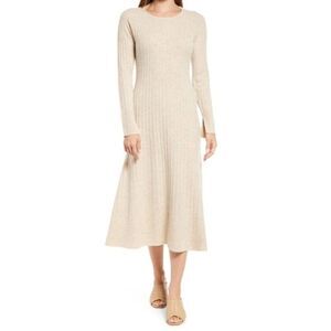NORDSTROM Rib Long Sleeve Midi Sweater Dress In Beige Oatmeal Size L
